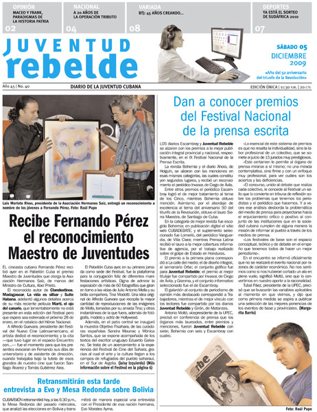 Portada del periódico Juventud Rebelde