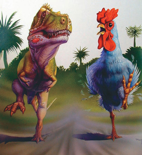 Animado de un T-Rex y un gallo