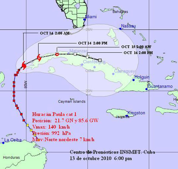 Grafico de  trayectoria del huracán Paula