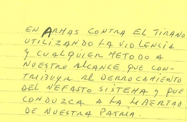 El documento de puño y letra de Luis Posada Carriles entregado a Ann Louise Bardach en Aruba.