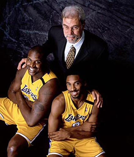 Shaquille ONeal, Kobe Bryant y el entrenador Phil Jackson