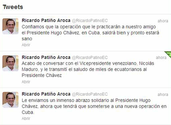 Ecuador se solidariza con presidente Hugo Chávez tras anuncio de nueva intervención quirúrgica