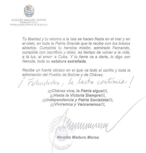 carta de Nicolás Maduro a Fernándo González