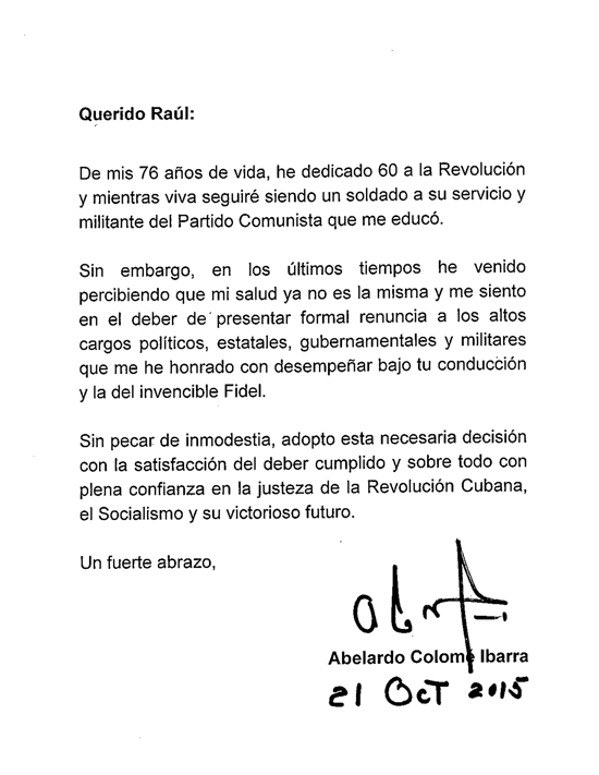 Carta de Abelardo Colomé Ibarra