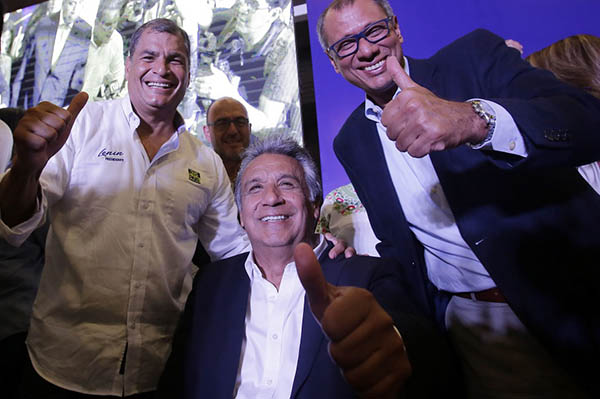 De izquierda a derecha, Correa, Lenín Moreno y Jorge Glas, actual vicepresidente que repite en la fórmula de Alianza País