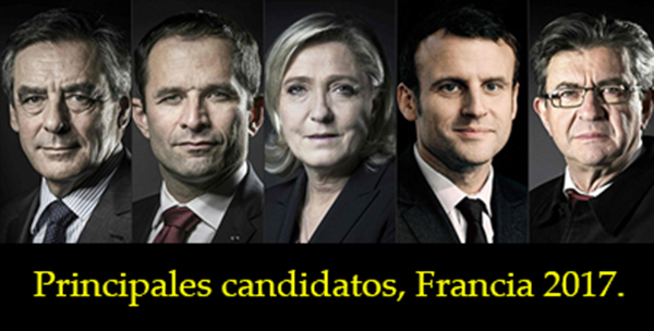 Principales candidatos franceses-Fillon-Hamon-Le Pen-Macron-Melenchon