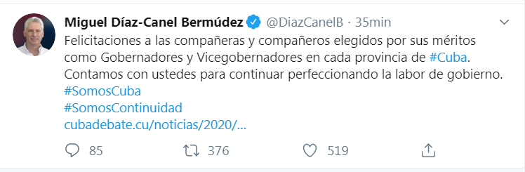 Felicita Presidente cubano a elegidos como Gobernadores y Vicegobernadores