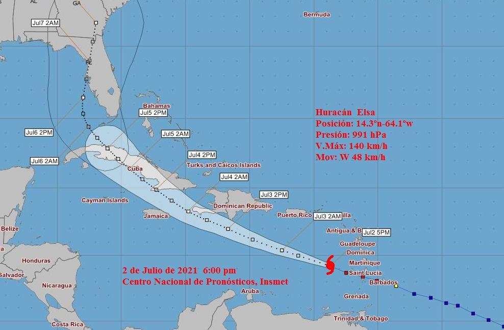 Cono  de posibles trayectorias del huracán Elsa