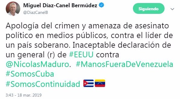 Es inaceptable la apología del crimen y amenaza de asesinato político en medios públicos, dijo Díaz-Canel