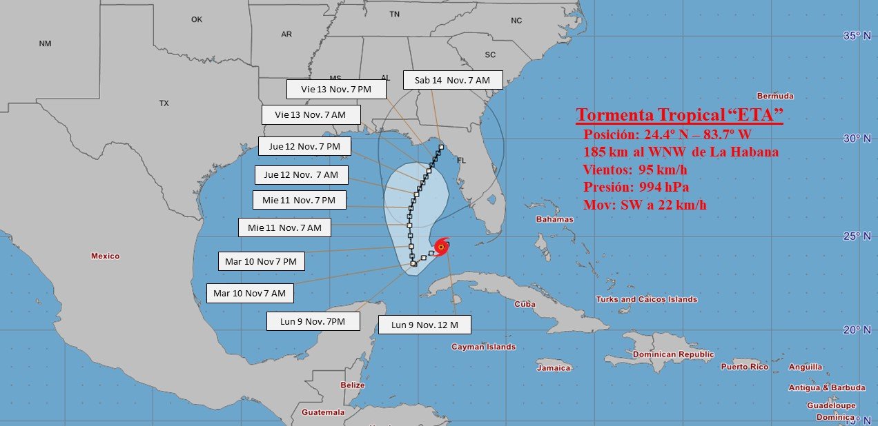 Cono de trayectoria de la tormenta tropical Eta