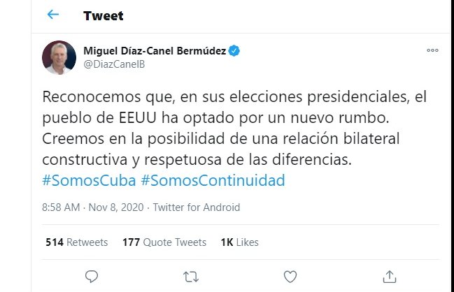Tuit del Presidente cubano Díaz-Canel