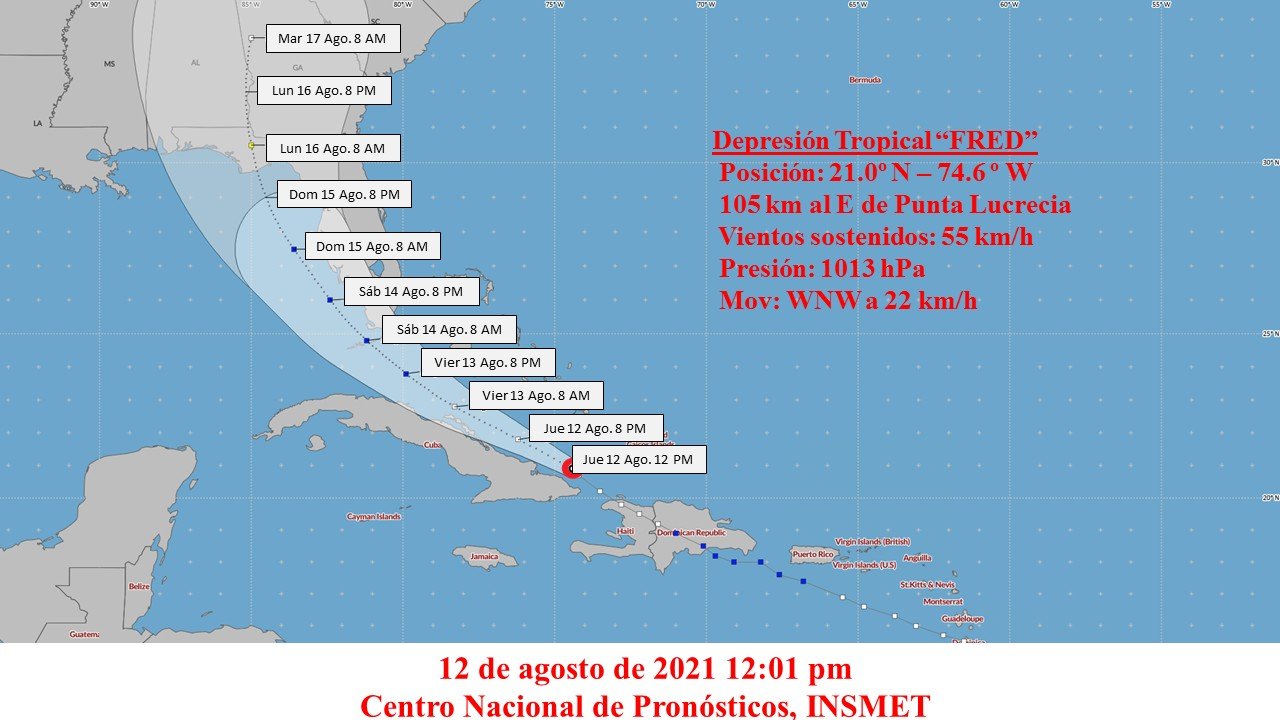 Cono de trayectoria de la depresión tropical Fred