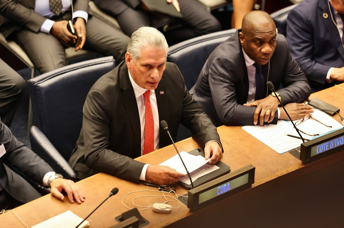 El Primer Secretario del Comité Central del Partido Comunista y Presidente de la República de cuba, Miguel Díaz-Canel Bermúdez, durante la Cumbre de Ambición Climática