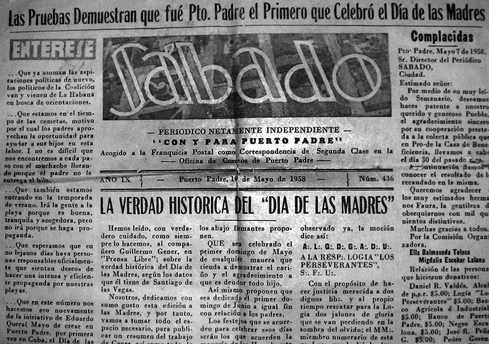 El Semanario Sábado dejó constancia de la primicia de la localidad tunera de Puerto Padre en celebrar por primera vez en Cuba el Día de las Madres.
