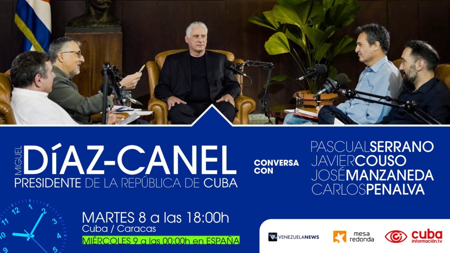 Entrevista del presidente cubano con los intelectuales Pascual Serrano, Javier Couso, José Manzaneda y Carlos Penalva, en el contexto del IV Coloquio Internacional Patria