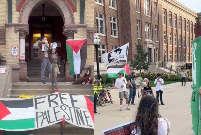 El extremista lobby judío de EE. UU. está perdiendo influencia. En la foto estudiantes de Minnesota se manifiestan a favor de palestina.