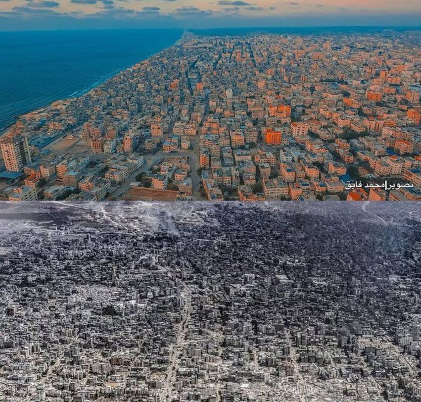 La Franja de Gaza antes (arriba) y después de las acciones bélicas y destructoras del régimen sionista