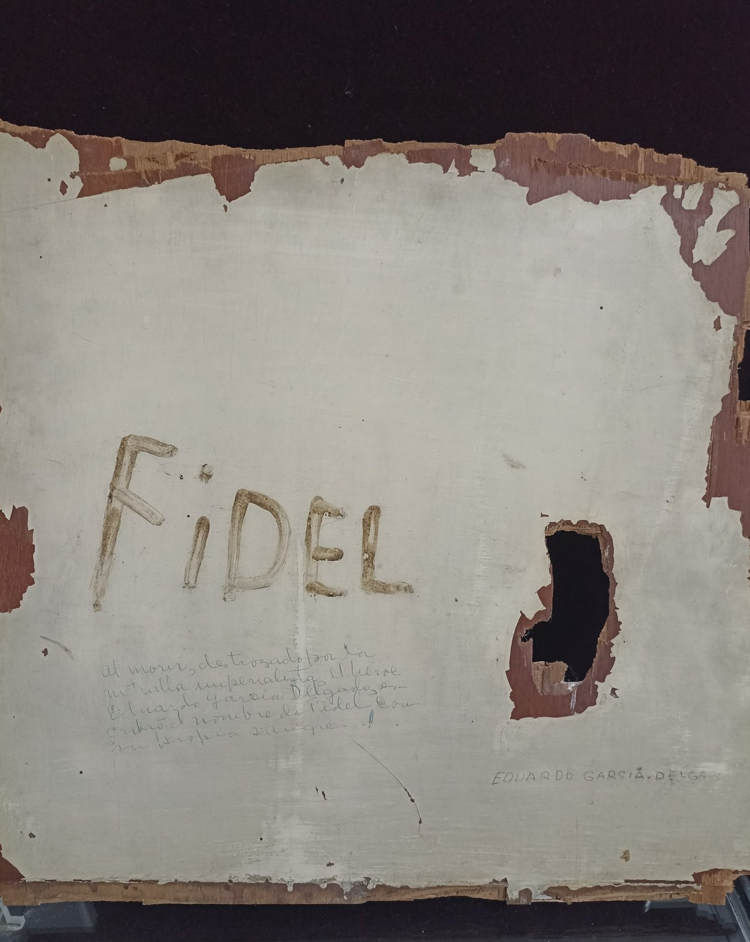 Tras el bombardeo mercenario en Ciudad Libertad, el joven Eduardo García Delgado escribió con su sangre el nombre de Fidel.
