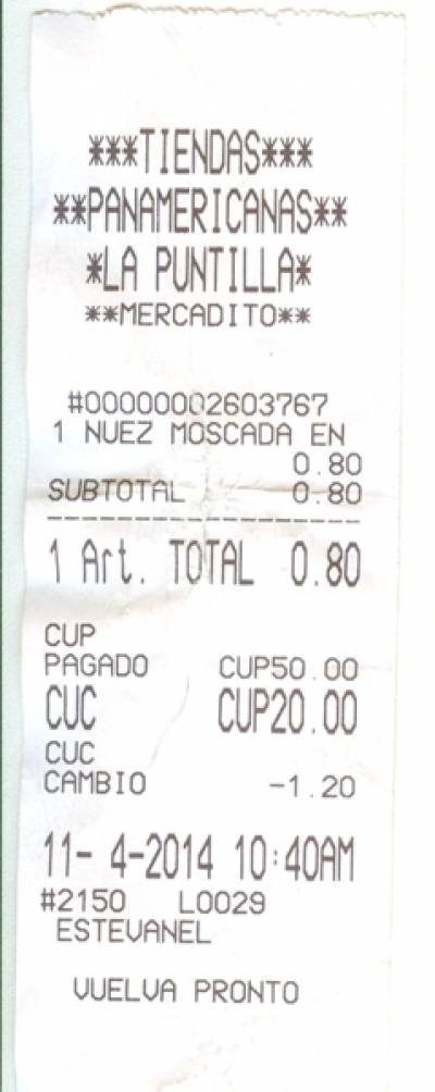 Recibo en CUP de Tienda La Puntilla