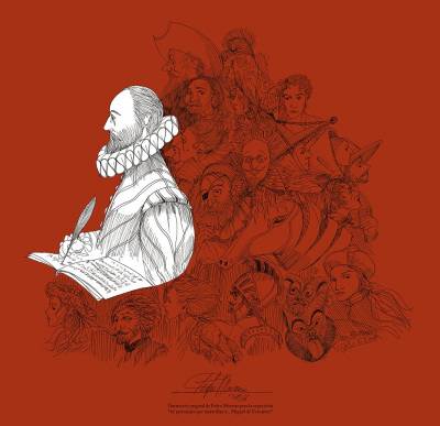 Ilustración original de Pedro Moreno para la exposición Dieciséis personajes que maravillan y... Miguel de Cervantes.