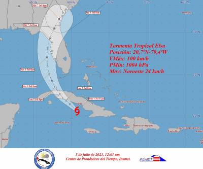 La tormenta tropical Elsa transita al sur de Cuba el lunes 5 de julio a la medianoche.
