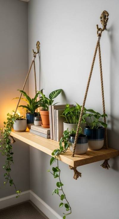 Puede ser tan sencillo como un estante de madera colgado con soga, cargado de plantas y libros.
