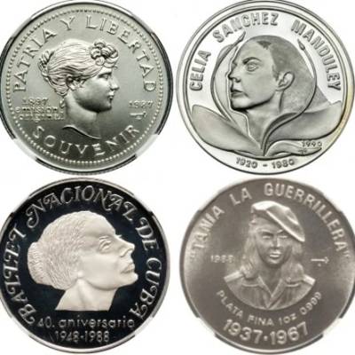 Distintas representaciones femeninas en el anverso de monedas conmemorativas cubanas.