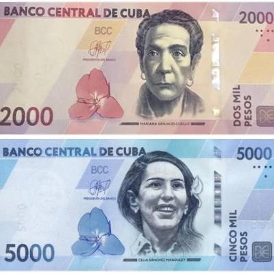 Billetes de 2000 y 5000 pesos emitidos en 2026 por el Banco Central de Cuba.