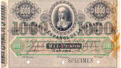 Billete de mil pesos correspondiente a la primera emisión de 1872 (SPECIMEN).