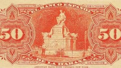 Reverso del billete de cincuenta centavos de 1889 del Banco Español de la Habana.