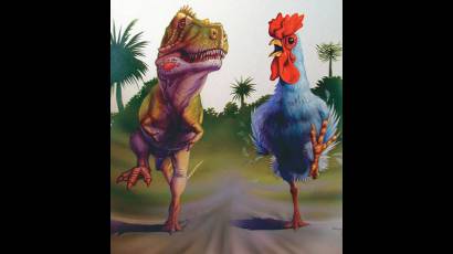 Animado de un T-Rex y un gallo