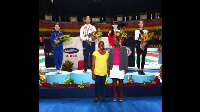 Podio de premiación de la Copa del Mundo de La Habana 2018 Lee de Corea (plata), Vitalis (oro), Sun de China y Kong de Hong Kong (bronces)