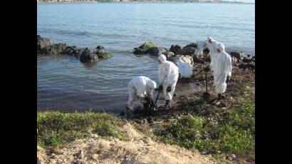 En la orilla de la costa se han recogido con cubeta a mano más de seis metros cúbicos de crudo, algas, desechos sólidos, arena y agua contaminada.