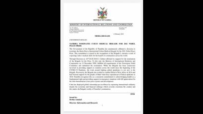 Gobierno de Namibia nomina a contingente Henry Reeve al Nobel de la Paz