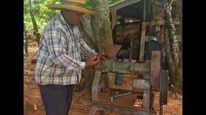 Molino recuperado por Alejandro para la extracción de aceite de ajonjolí.