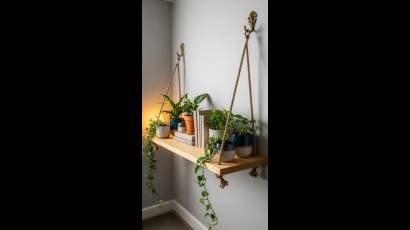 Puede ser tan sencillo como un estante de madera colgado con soga, cargado de plantas y libros.