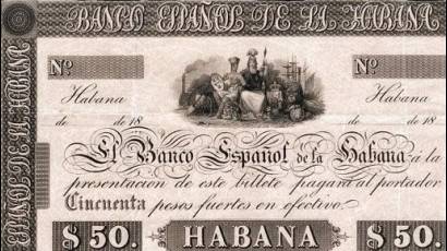 Anverso de un billete de 50 pesos del Banco Español de la Habana con figuras femeninas alusivas a la isla de Cuba (representada como una joven indígena) y a España (mujer guerrera en actitud protectora).