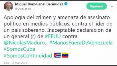 Es inaceptable la apología del crimen y amenaza de asesinato político en medios públicos, dijo Díaz-Canel
