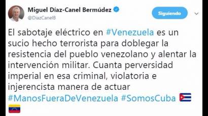 Miguel Díaz-Canel condena sabotaje eléctrico en Venezuela