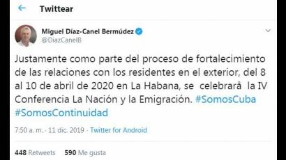 Tuit de Presidente Miguel Díaz-Canel