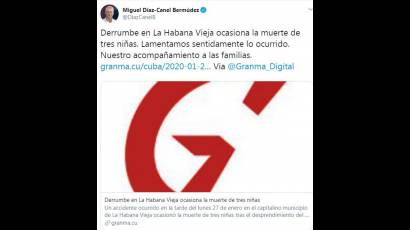 Tuit de Miguel Díaz-Canel sobre derrumbe