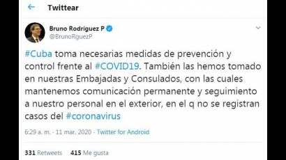Canciller resalta medidas preventivas de Cuba ante Covid-19