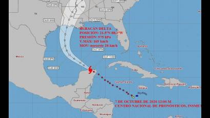 Cono de probabilidades del huracán Delta. 7 de octubre, 12 p.m.