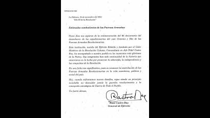 Carta de Raúl a los combatientes de las FAR