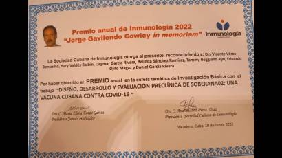 Premio anual de Inmunología 2022 "Jorge Gavilondo Cowley in memorian"