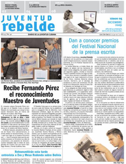 Portada del periódico Juventud Rebelde