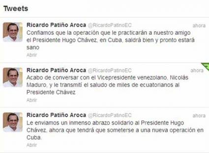 Ecuador se solidariza con presidente Hugo Chávez tras anuncio de nueva intervención quirúrgica