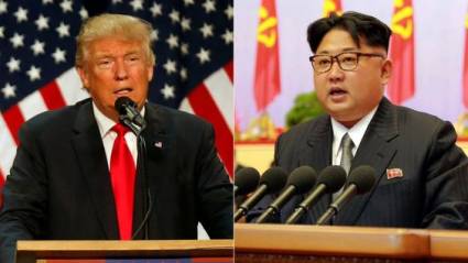 Presidente Donald Trump a la izquierda y a la derecha líder norcoreano Kim Jong Un