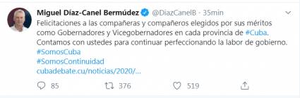 Felicita Presidente cubano a elegidos como Gobernadores y Vicegobernadores