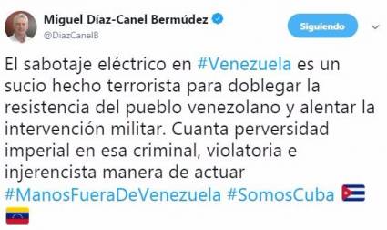 Miguel Díaz-Canel condena sabotaje eléctrico en Venezuela